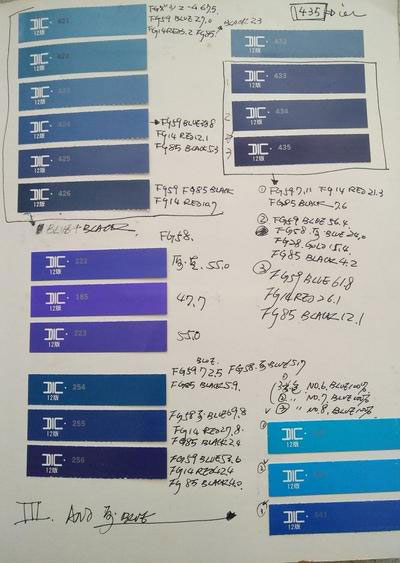 光是為了找到謝貽娟心目中可以代表「非空間」的藍，是經過許多的試驗與比較，找了各種不同顏色與質地的藍。